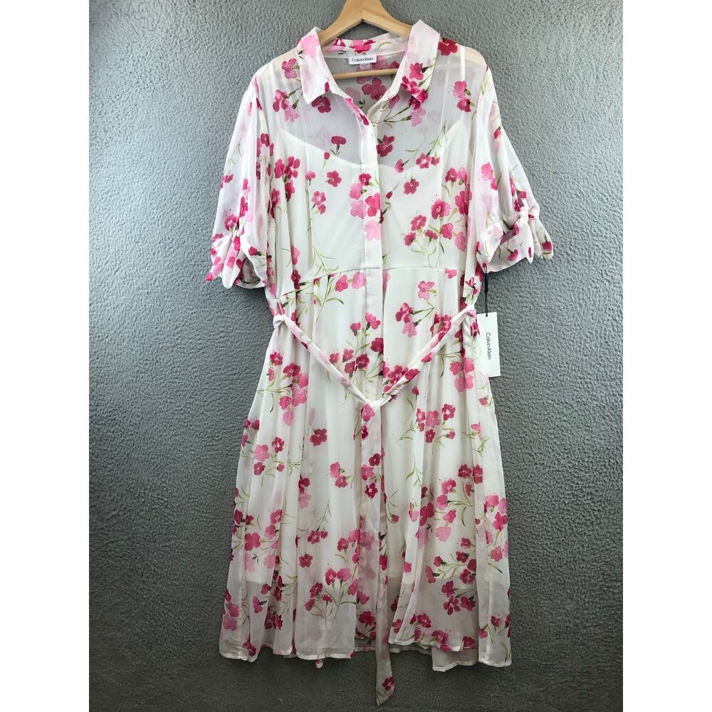 Calvin Klein 16 Floral Crinkle Chiffon Tie-Sleeve Belted Midi Shirt Dress